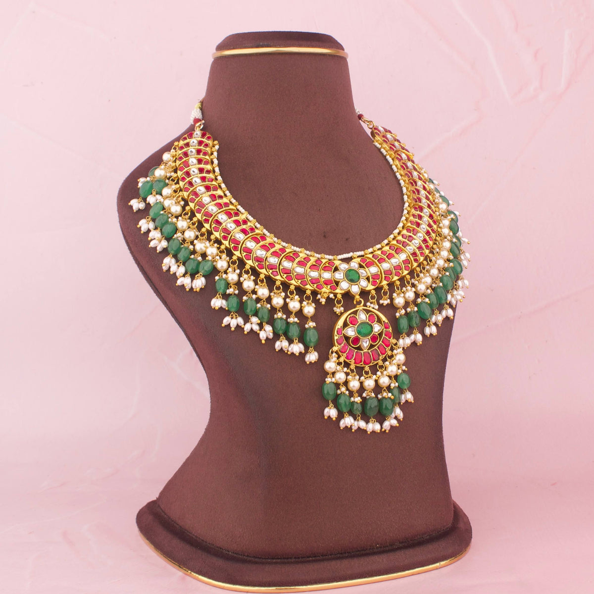 Gold Style Jadau Kundan Necklace With Green Beads And Ricepearl Hangings Craftsmanship & Detail View - Dulhan Jewels
