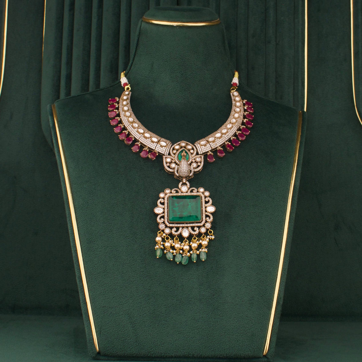 Peacock Design Emerald Victorian Necklace With Earrings