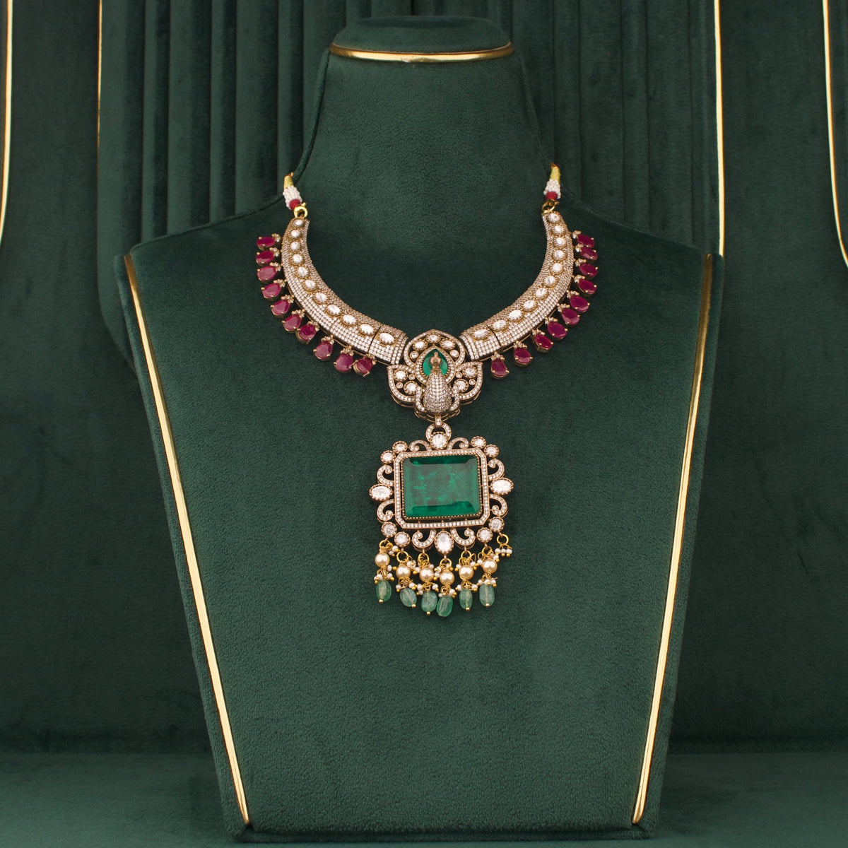 Peacock Design Emerald Victorian Necklace With Earrings