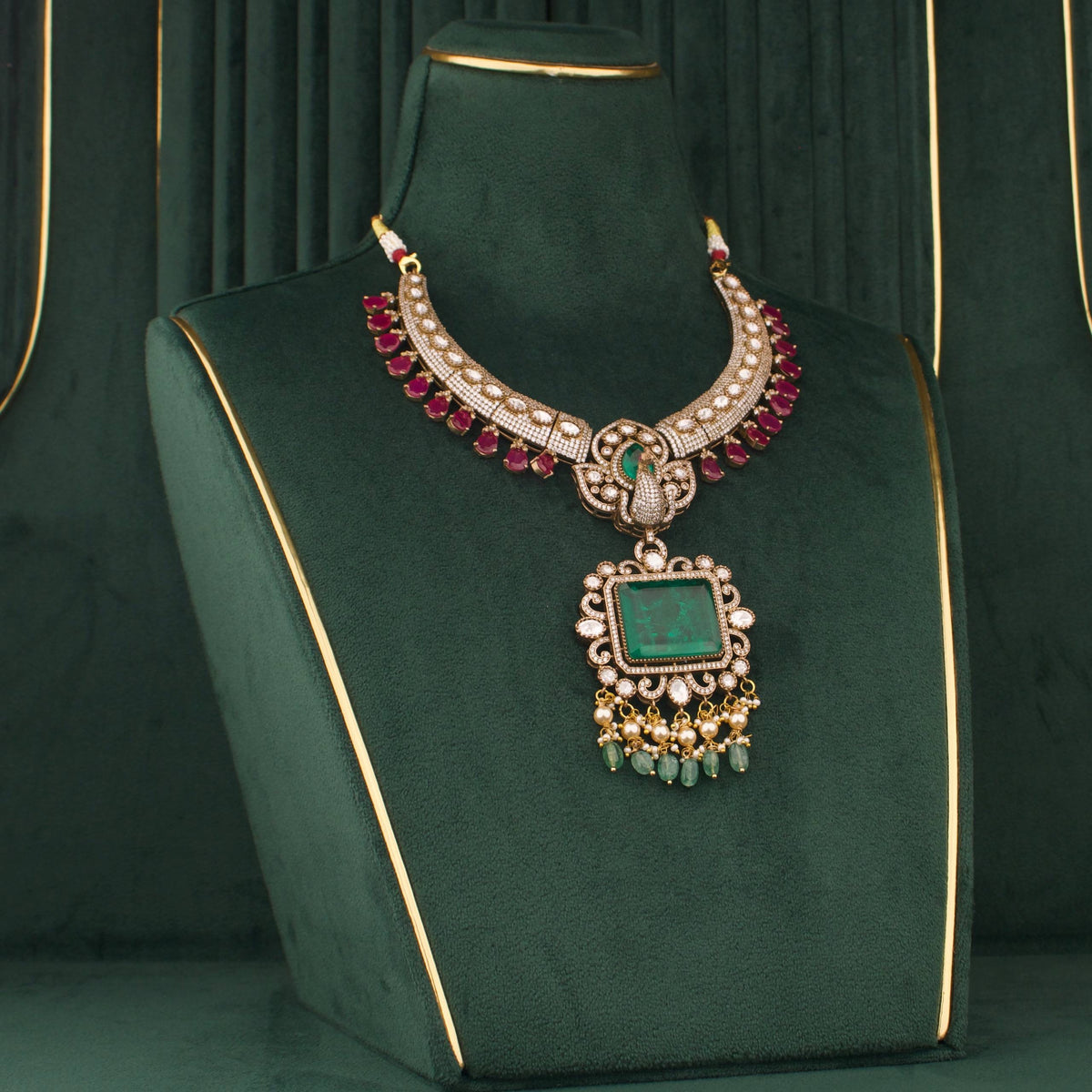 Peacock Design Emerald Victorian Necklace With Earrings