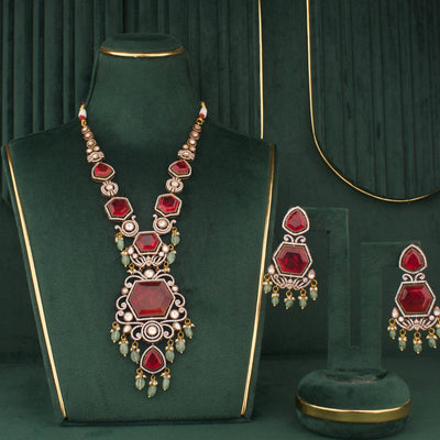 Stylish Ruby Victorian Necklace With Matching Earrings