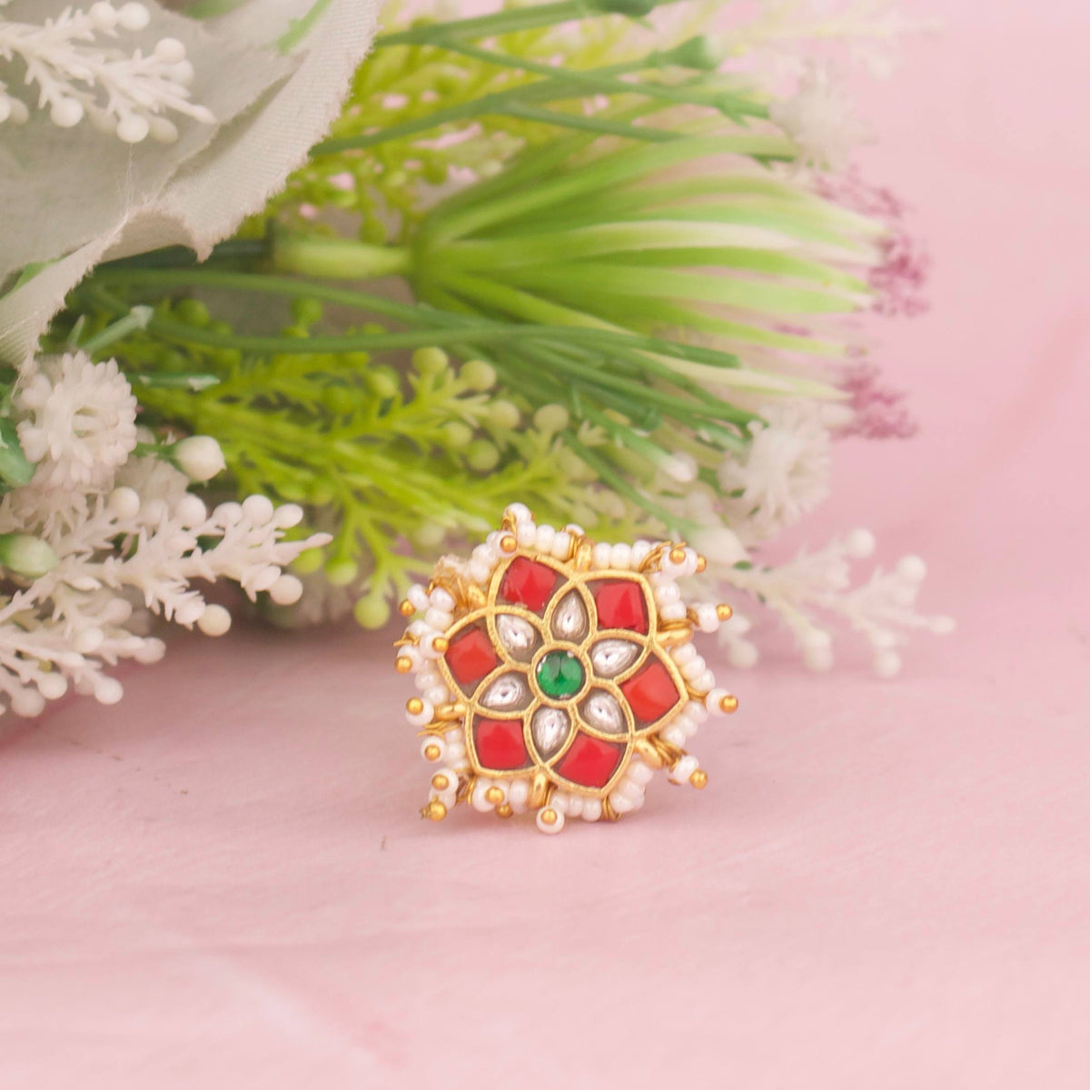 Unique Jadau Kundan Finger Ring With Pearl Bordering