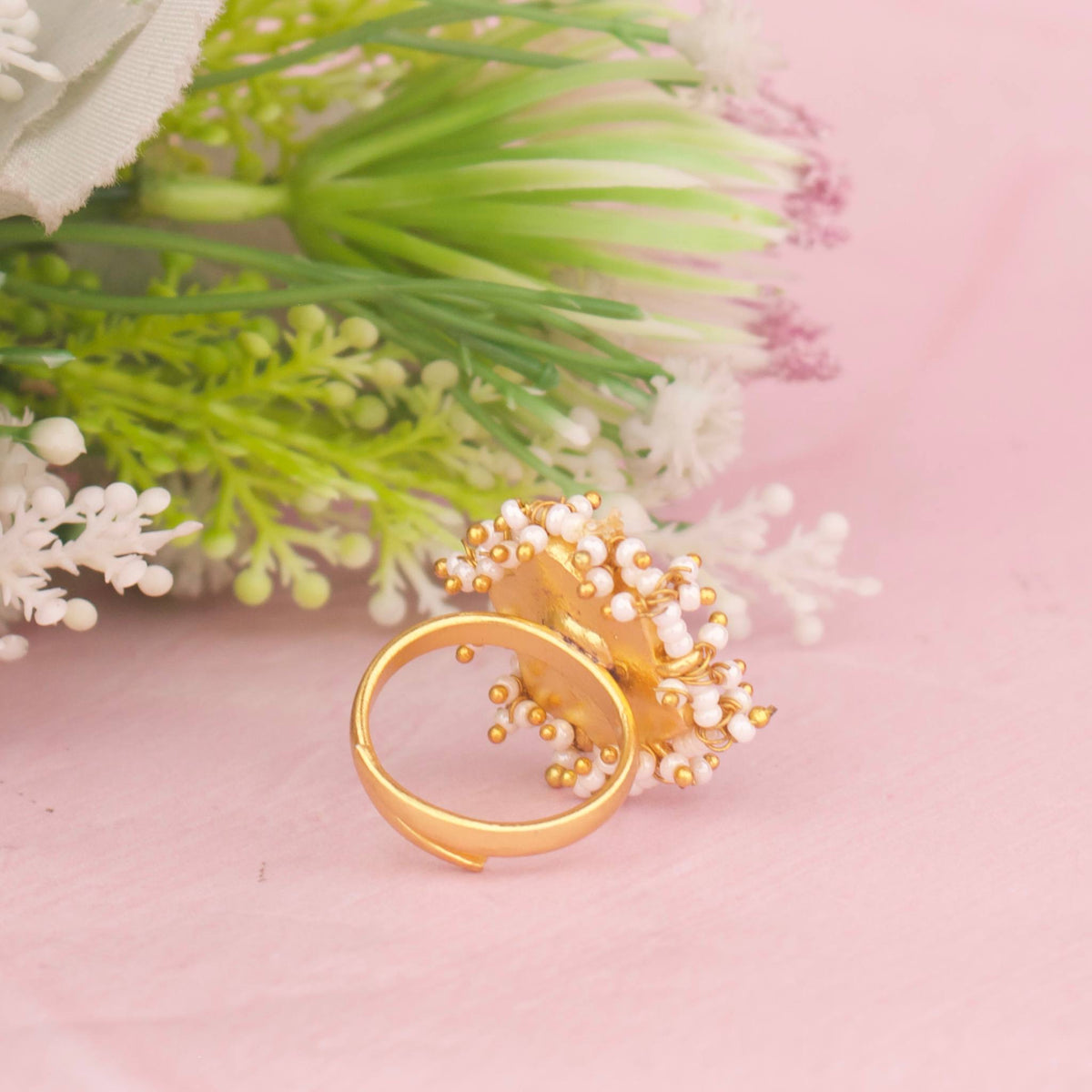 Unique Jadau Kundan Finger Ring With Pearl Bordering
