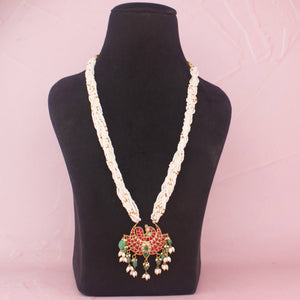 Traditional Pearl Beaded Necklace With Multicolour Kundan Pendant