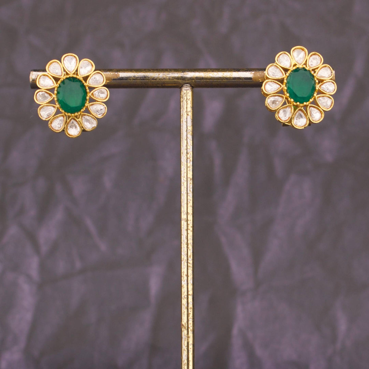 Designer Emerald Jadau Kundan Stud Earrings