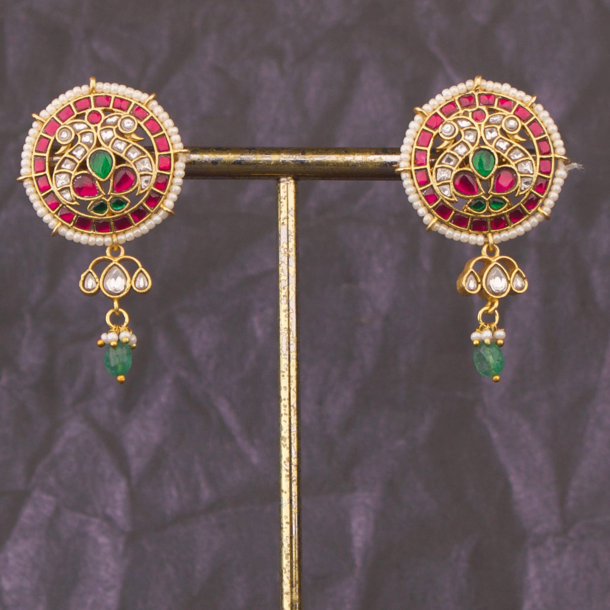 Unique Jadau Kundan Stud Earrings With Green Drop