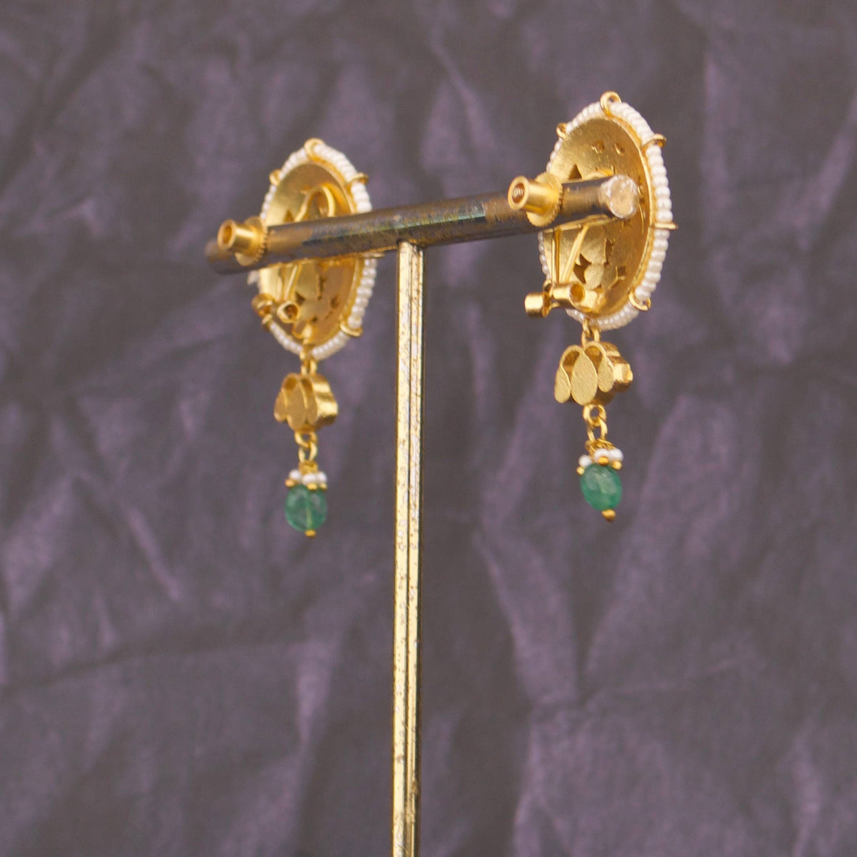 Unique Jadau Kundan Stud Earrings With Green Drop