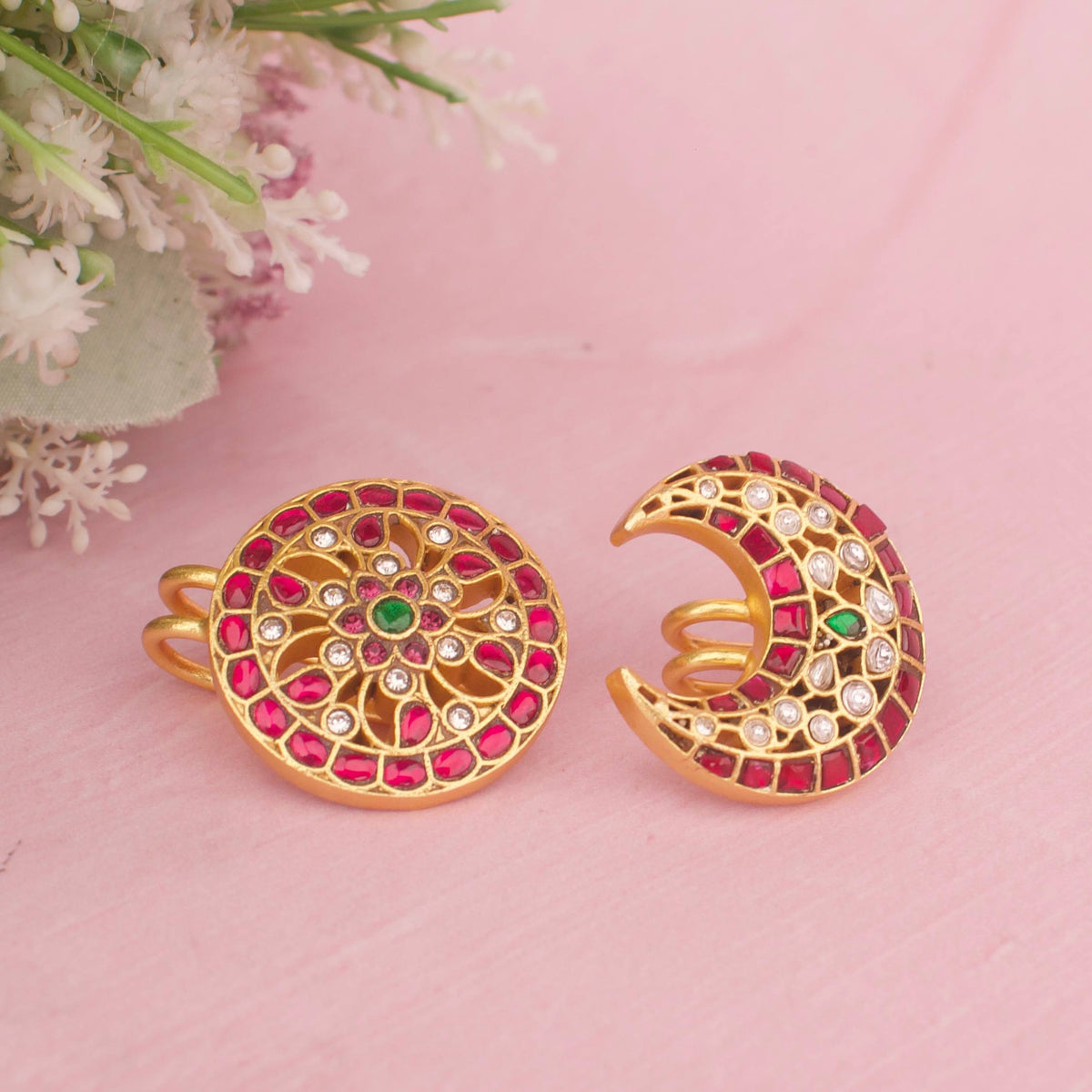 Gold Style Jadau Kundan Sun And Moon Hair Pin