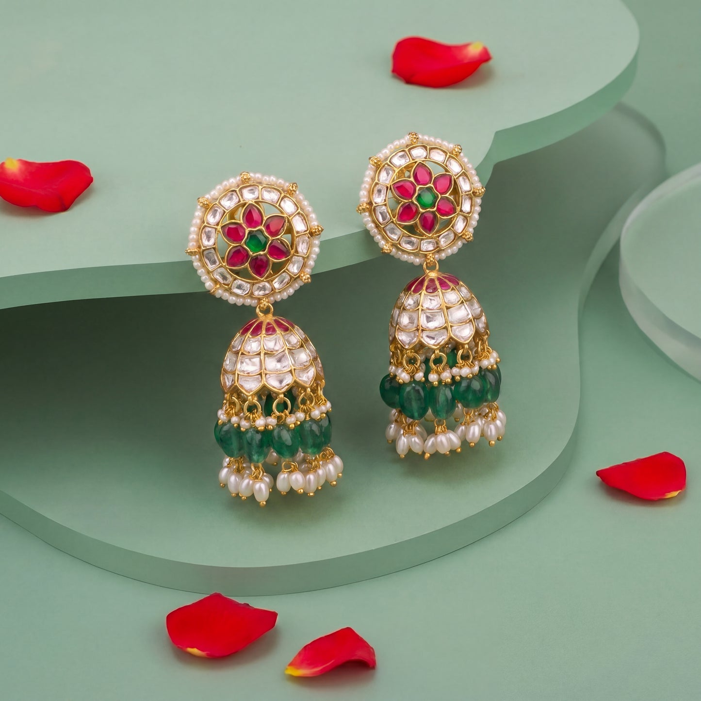 Floral Jadau Kundan Jhumka Earrings with Green Beads