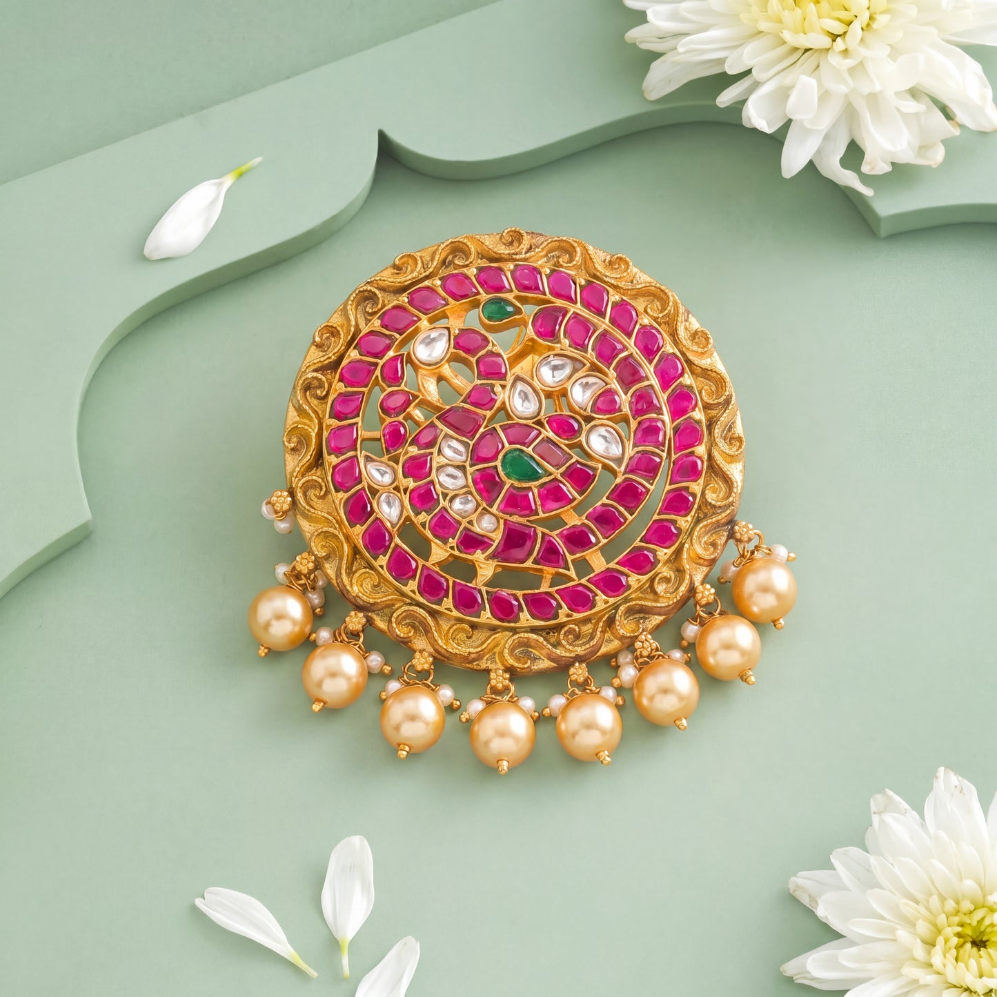 Antique Jadau Kundan Pendant With Pink Stone Embellishments And Golden Latkans