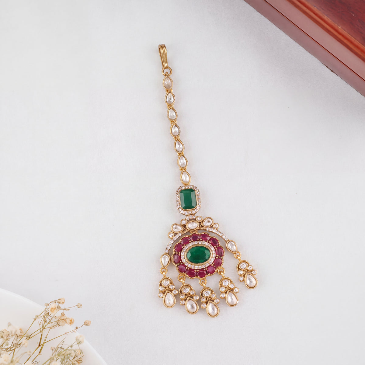 Victorian Emerald Maang Tikka With Ruby And Polki Accents